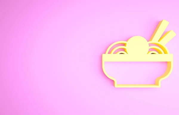Sárga ázsiai tészta tálban és evőpálcika ikon elszigetelt rózsaszín alapon. Utcai gyorsétterem. Koreai, japán, kínai kaja. Minimalizmus koncepció. 3d illusztráció 3D render — Stock Fotó