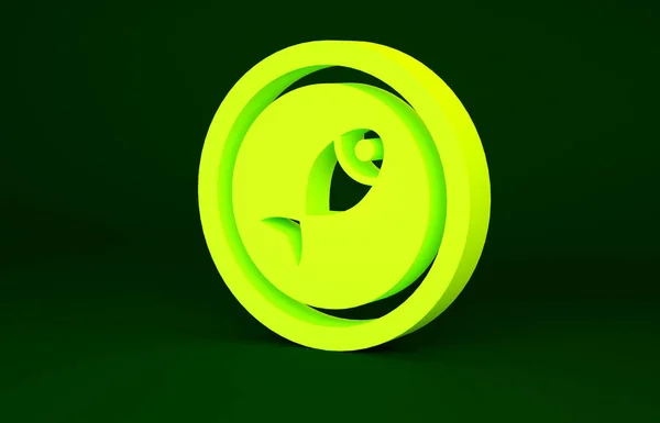 Peixe amarelo servido em um ícone de prato isolado em fundo verde. Conceito de minimalismo. 3D ilustração 3D render — Fotografia de Stock