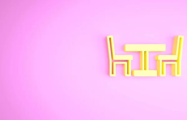 Yellow Wooden table with chair icon isolated on pink background. Street cafe. Minimalism concept. 3d illustration 3D render — ストック写真