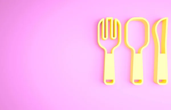 黄色叉子，勺子和刀图标孤立在粉红色的背景。炊具。餐具的标志。最低纲领的概念。3D渲染3D插图 — 图库照片