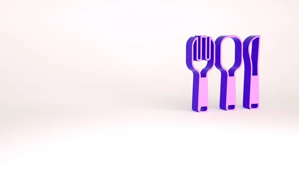 Forchetta viola, cucchiaio e icona del coltello isolati su sfondo bianco. Utensile da cucina. Segno di posate. Concetto minimalista. Illustrazione 3d rendering 3D — Foto Stock