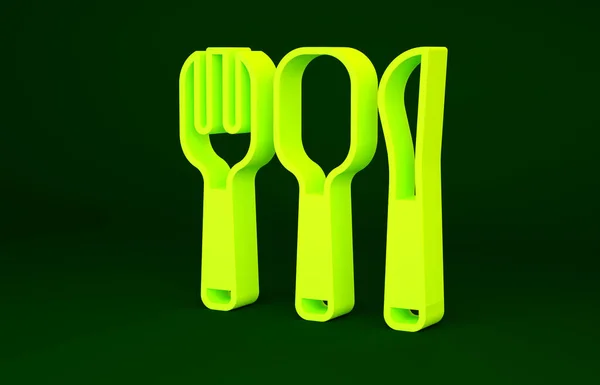 Forchetta gialla, cucchiaio e icona del coltello isolati su sfondo verde. Utensile da cucina. Segno di posate. Concetto minimalista. Illustrazione 3d rendering 3D — Foto Stock