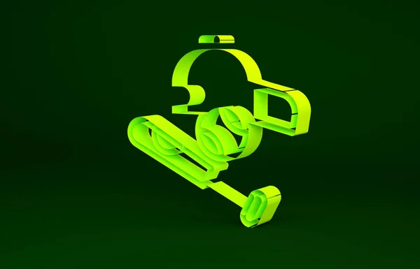 Gelber Baseballschläger mit Ball, Hut-Symbol isoliert auf grünem Hintergrund. Minimalismus-Konzept. 3D Illustration 3D Renderer — Stockfoto