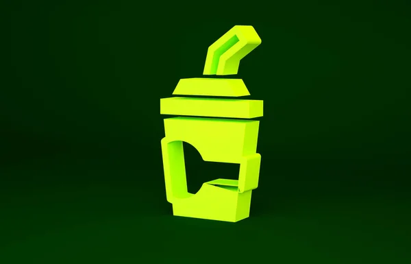 Vidro de papel amarelo com palha de bebida e ícone de água isolado no fundo verde. Copo de refrigerante. Símbolo da bebida fresca fria. Conceito de minimalismo. 3D ilustração 3D render — Fotografia de Stock