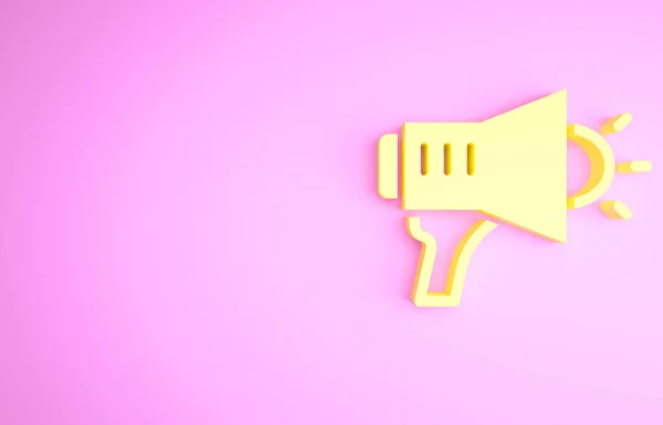 Icona Megafono giallo isolato su sfondo rosa. Segnale di altoparlante. Concetto minimalista. Illustrazione 3d rendering 3D — Foto Stock