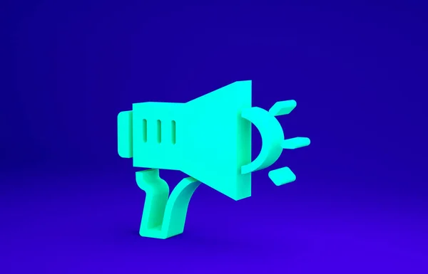 Иконка зеленого мегафона выделена на синем фоне. Знак оратора. Концепция минимализма. 3D-рендеринг — стоковое фото