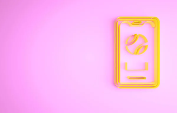 Smartphone amarelo com bola de beisebol no ícone de tela isolado no fundo rosa. Jogo de beisebol online para celular. Conceito de minimalismo. 3D ilustração 3D render — Fotografia de Stock