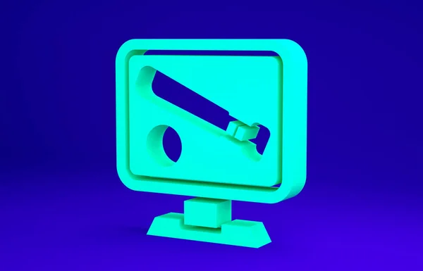 Green Monitor s míčkem a pálkou na obrazovce ikonu izolované na modrém pozadí. Online baseballová hra. Minimalismus. 3D ilustrace 3D vykreslení — Stock fotografie