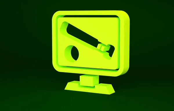 Monitor amarillo con pelota de béisbol y bate en el icono de la pantalla aislado sobre fondo verde. Juego de béisbol en línea. Concepto minimalista. 3D ilustración 3D render — Foto de Stock