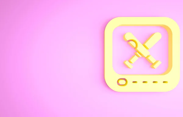 Жовтий монітор з бейсбольним м'ячем і кажаном на піктограмі екрана ізольовано на рожевому фоні. Інтернет гра в бейсбол. Концепція мінімалізму. 3D ілюстрація 3D рендеринга — стокове фото