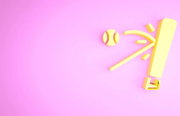 Желтая бейсбольная бита с шариковой иконкой на розовом фоне. Концепция минимализма. 3D-рендеринг — стоковое фото