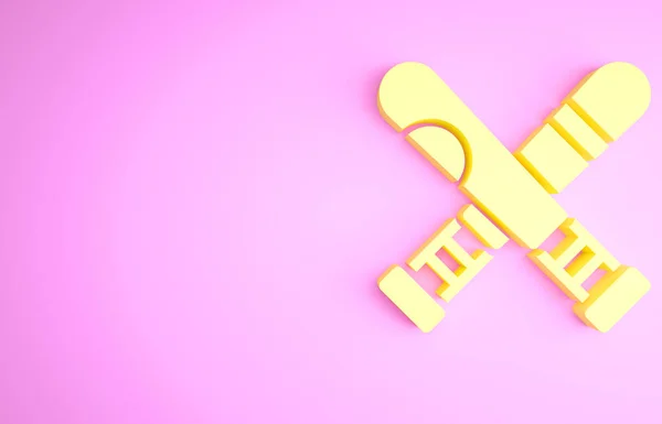 Ikona żółtego skrzyżowanego kija baseballowego odizolowana na różowym tle. Koncepcja minimalizmu. Ilustracja 3D 3D renderowania — Zdjęcie stockowe
