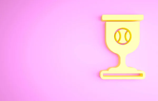 Copa amarilla con icono de pelota de béisbol aislado sobre fondo rosa. Símbolo del trofeo ganador. Campeonato o trofeo de competición. Logro deportivo. Concepto minimalista. 3D ilustración 3D render —  Fotos de Stock