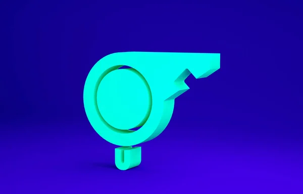 Zöld Whistle ikon elszigetelt kék háttérrel. Játékvezető szimbólum. Fitness és sport tábla. Minimalizmus koncepció. 3d illusztráció 3D render — Stock Fotó