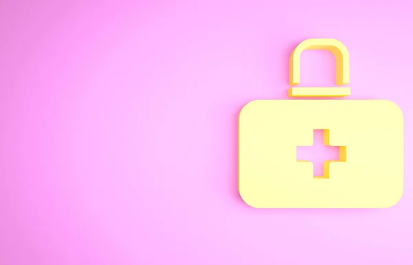 Gelbes Verbandskasten-Symbol isoliert auf rosa Hintergrund. Medizinische Box mit Kreuz. Medizinische Geräte für den Notfall. Gesundheitskonzept. Minimalismus-Konzept. 3D Illustration 3D Renderer — Stockfoto