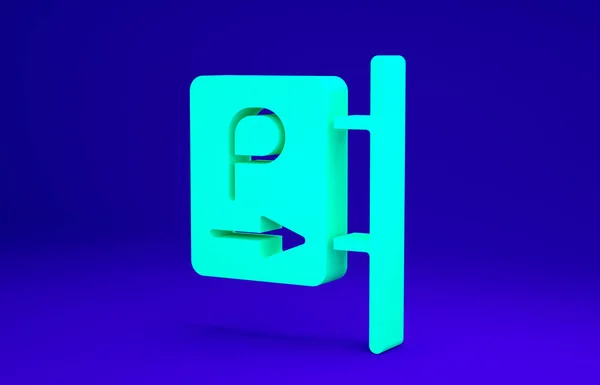 Zöld Parkoló ikon elszigetelt kék háttérrel. Utcai tábla. Minimalizmus koncepció. 3d illusztráció 3D render — Stock Fotó