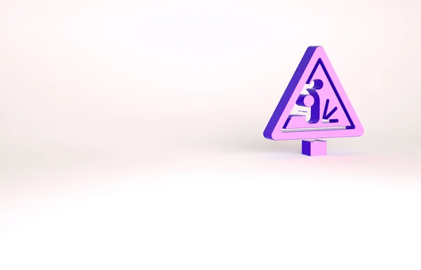 紫色警示牌扔石料图标隔离在白色背景.交通规则和安全驾驶。最低纲领的概念。3D渲染3D插图 — 图库照片