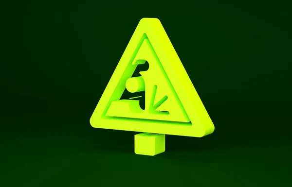 Señal de advertencia amarilla lanzando materiales de piedra icono aislado sobre fondo verde. Reglas de tráfico y conducción segura. Concepto minimalista. 3D ilustración 3D render — Foto de Stock