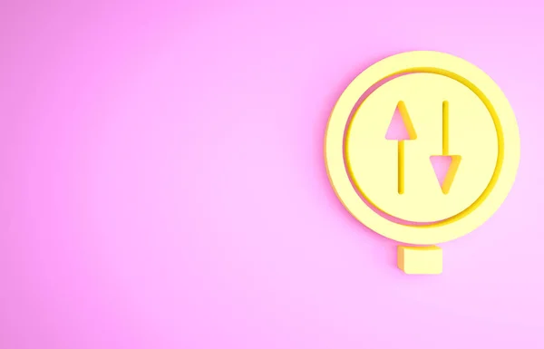 Żółty znak drogowy ostrzegający dwukierunkową ikonę ruchu na różowym tle. Koncepcja minimalizmu. Ilustracja 3D 3D renderowania — Zdjęcie stockowe