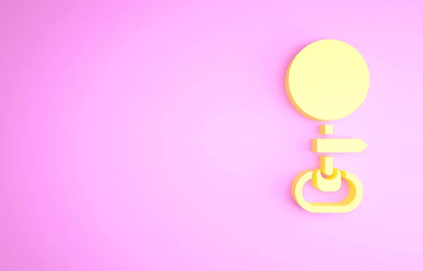 Gelbes Verkehrszeichen. Wegweiser-Symbol isoliert auf rosa Hintergrund. Zeigersymbol. Abgelegenes Straßeninformationsschild. Wegweiser. Minimalismus-Konzept. 3D Illustration 3D Renderer — Stockfoto