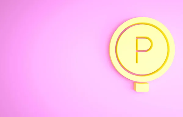 Ikon Parkir Kuning terisolasi pada latar belakang merah muda. Tanda jalan. Konsep minimalisme. Tampilan 3D ilustrasi 3d — Stok Foto