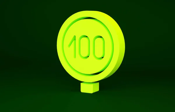 Yellow Speed limit traffic sign 100 km icon isolated on green background. Minimalism concept. 3d illustration 3D render — Stock Photo, Image