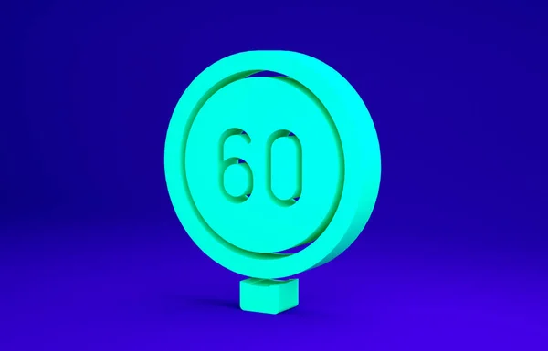 Green Speed limitar la señal de tráfico 60 km icono aislado sobre fondo azul. Concepto minimalista. 3D ilustración 3D render —  Fotos de Stock