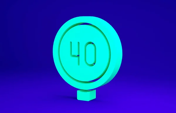 Zielona prędkość ogranicza znak drogowy 40 km ikona izolowana na niebieskim tle. Koncepcja minimalizmu. Ilustracja 3D 3D renderowania — Zdjęcie stockowe