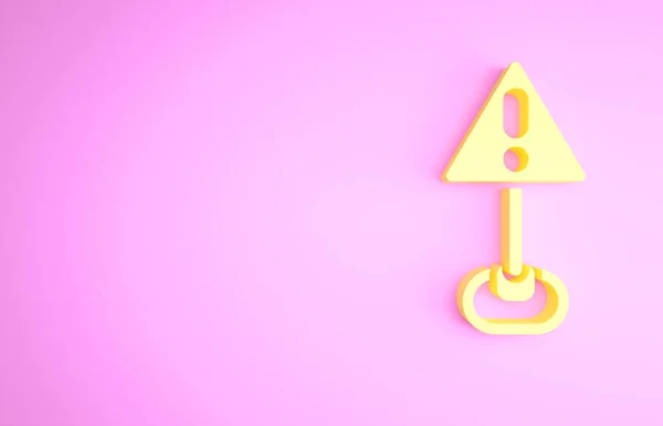 Marca de exclamación amarilla en el icono del triángulo aislado sobre fondo rosa. Señal de advertencia de peligro, cuidado, atención, señal importante de advertencia de peligro. Concepto minimalista. 3D ilustración 3D render — Foto de Stock