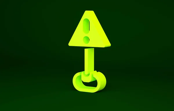 緑色の背景に隔離された三角形のアイコンの黄色の感嘆符。危険警報標識、注意、注意、危険警報の重要な兆候。最小限の概念。3Dイラスト3Dレンダリング — ストック写真