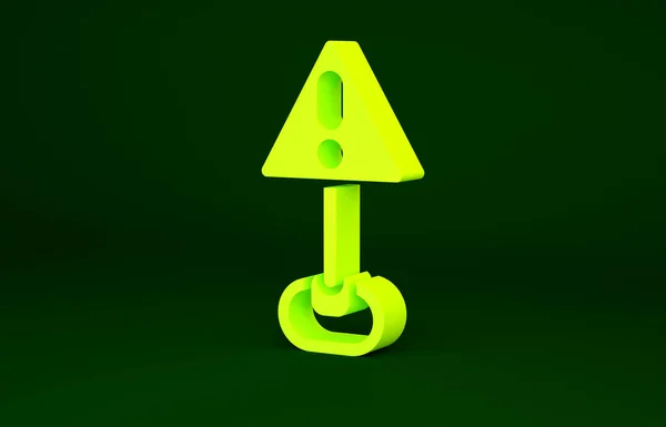 Point d'exclamation jaune dans l'icône du triangle isolé sur fond vert. Signal d'avertissement de danger, attention, attention, avertissement de danger signe important. Concept de minimalisme. Illustration 3D rendu 3D — Photo