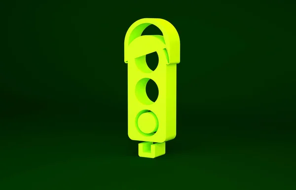 Жовта піктограма світлофора ізольована на зеленому фоні. Концепція мінімалізму. 3D ілюстрація 3D рендеринга — стокове фото
