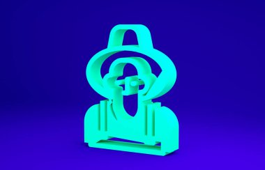 Mavi arka planda izole edilmiş şapka ikonundaki yeşil çiftçi. Minimalizm kavramı. 3d illüstrasyon 3B canlandırma