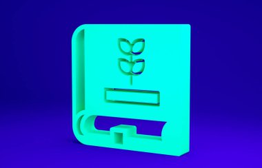 Mavi arkaplanda izole edilmiş tohum ikonu hakkında yeşil kitap. Minimalizm kavramı. 3d illüstrasyon 3B canlandırma