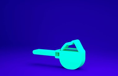 Mavi zemin üzerinde un simgesi olan yeşil ölçü kabı. Pişirme malzemeleri. Sağlıklı organik yiyecekler. Hamur yemeği. Minimalizm kavramı. 3d illüstrasyon 3B canlandırma