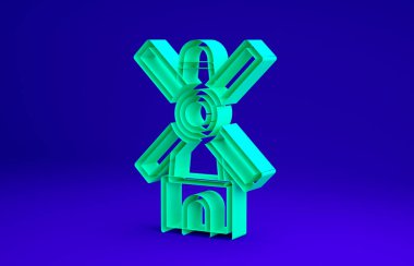 Mavi arkaplanda yeşil yel değirmeni simgesi izole edildi. Minimalizm kavramı. 3d illüstrasyon 3B canlandırma