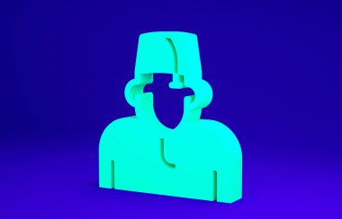 Mavi arka planda izole edilmiş yeşil Müslüman adam simgesi. Minimalizm kavramı. 3d illüstrasyon 3B canlandırma