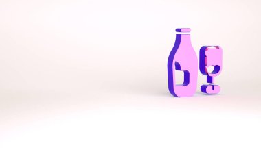 Beyaz zemin üzerinde cam ikon olan mor şarap şişesi. Minimalizm kavramı. 3d illüstrasyon 3B canlandırma