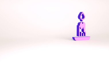 Mor Yanan Mum simgesi beyaz arkaplanda izole edildi. Silindirik mum çubuğu ve yanan ateş. Minimalizm kavramı. 3d illüstrasyon 3B canlandırma