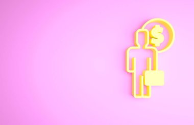 Sarı İş Adamı pembe arka planda izole edilmiş zihin ikonu planlıyor. Dolarlı insan kafası. Para kazanmak için bir fikir. Yatırım artışı. Minimalizm kavramı. 3d illüstrasyon 3B canlandırma