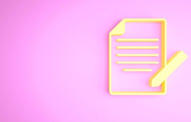 Sarı Belge ve kalem simgesi pembe arkaplanda izole edildi. Dosya simgesi. Kontrol listesi simgesi. İş konsepti. Minimalizm kavramı. 3d illüstrasyon 3B canlandırma