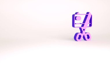 Mor Makas beyaz arka planda izole edilmiş bir kredi kartı simgesini kesiyor. Çevrimiçi ödeme. Nakit çekilmesi. Finansal operasyonlar. Alışveriş tabelası. Minimalizm kavramı. 3d illüstrasyon 3B canlandırma