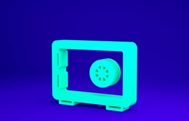Mavi arkaplanda yeşil kasa simgesi izole edildi. Kapı, şifreli bir banka kasası. Güvenilir Veri Koruma. Minimalizm kavramı. 3d illüstrasyon 3B canlandırma