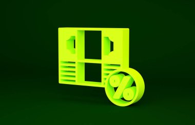 Yeşil arkaplanda% sarı para simgesi izole edildi. Yüzde sadakat cüzdanı. Minimalizm kavramı. 3d illüstrasyon 3B canlandırma