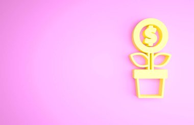 Sarı Dolar bitki simgesi pembe arkaplanda izole edilmiş. İş yatırımı büyüme konsepti. Para tasarrufu ve yatırım. Minimalizm kavramı. 3d illüstrasyon 3B canlandırma