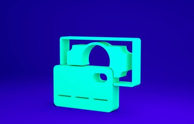 Yeşil kredi kartı simgesi mavi arkaplanda izole edildi. Çevrimiçi ödeme. Nakit çekilmesi. Finansal operasyonlar. Alışveriş tabelası. Minimalizm kavramı. 3d illüstrasyon 3B canlandırma