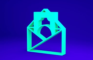 Mavi zemin üzerinde madeni para sembolü olan yeşil zarf. Maaş zammı, maaş bordrosu, tazminat geliri. Minimalizm kavramı. 3d illüstrasyon 3B canlandırma