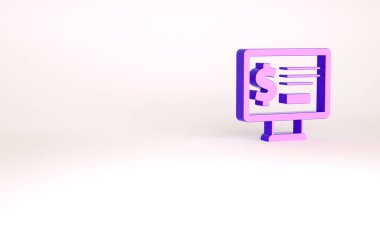Beyaz arka planda dolar simgesi olan mor monitör. Dünyanın her yerine para göndermek, para transferi, online bankacılık, finansal işlemler. Minimalizm kavramı. 3d illüstrasyon 3B canlandırma