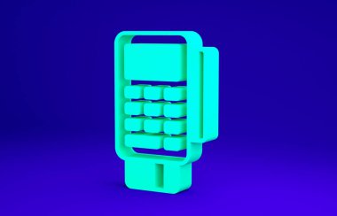 Mavi arkaplanda yeşil POS terminali ve eklenmiş kredi kartı ve yazdırılmış alıcı simgesi var. NFC ödeme konsepti. Minimalizm kavramı. 3d illüstrasyon 3B canlandırma