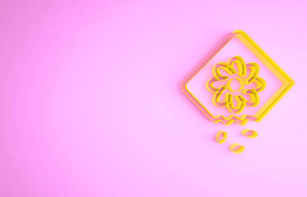 Желтый пакет, полный семян определенного значка растения, выделенного на розовом фоне. Концепция минимализма. 3D-рендеринг — стоковое фото